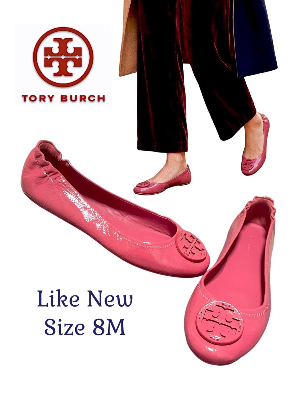 Tory Burch Minnie Travel Ballet Flats Washed Berry Pink Patent Leather 8M